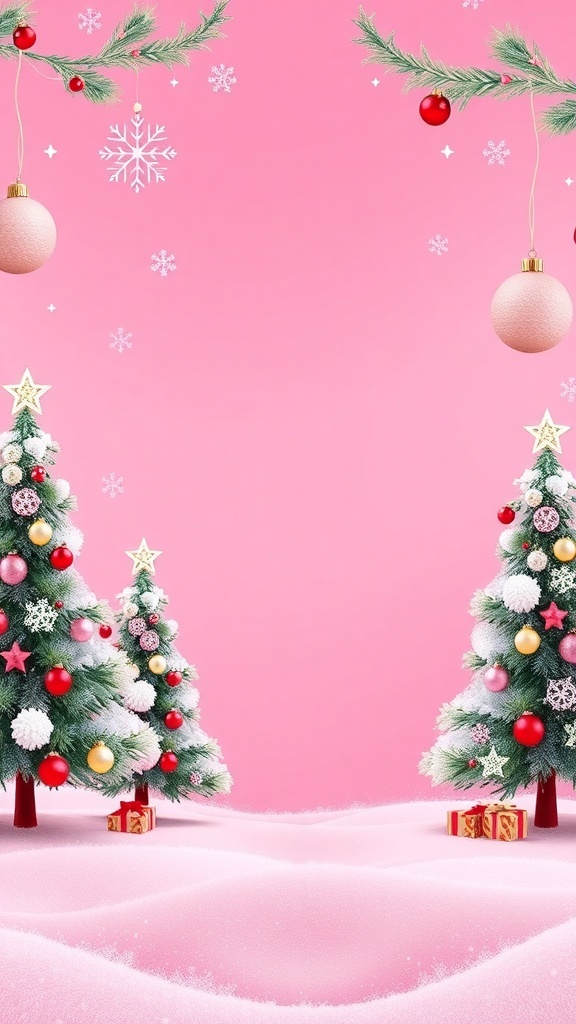 A vibrant pink Christmas background with trees and decorations for Zepeto.